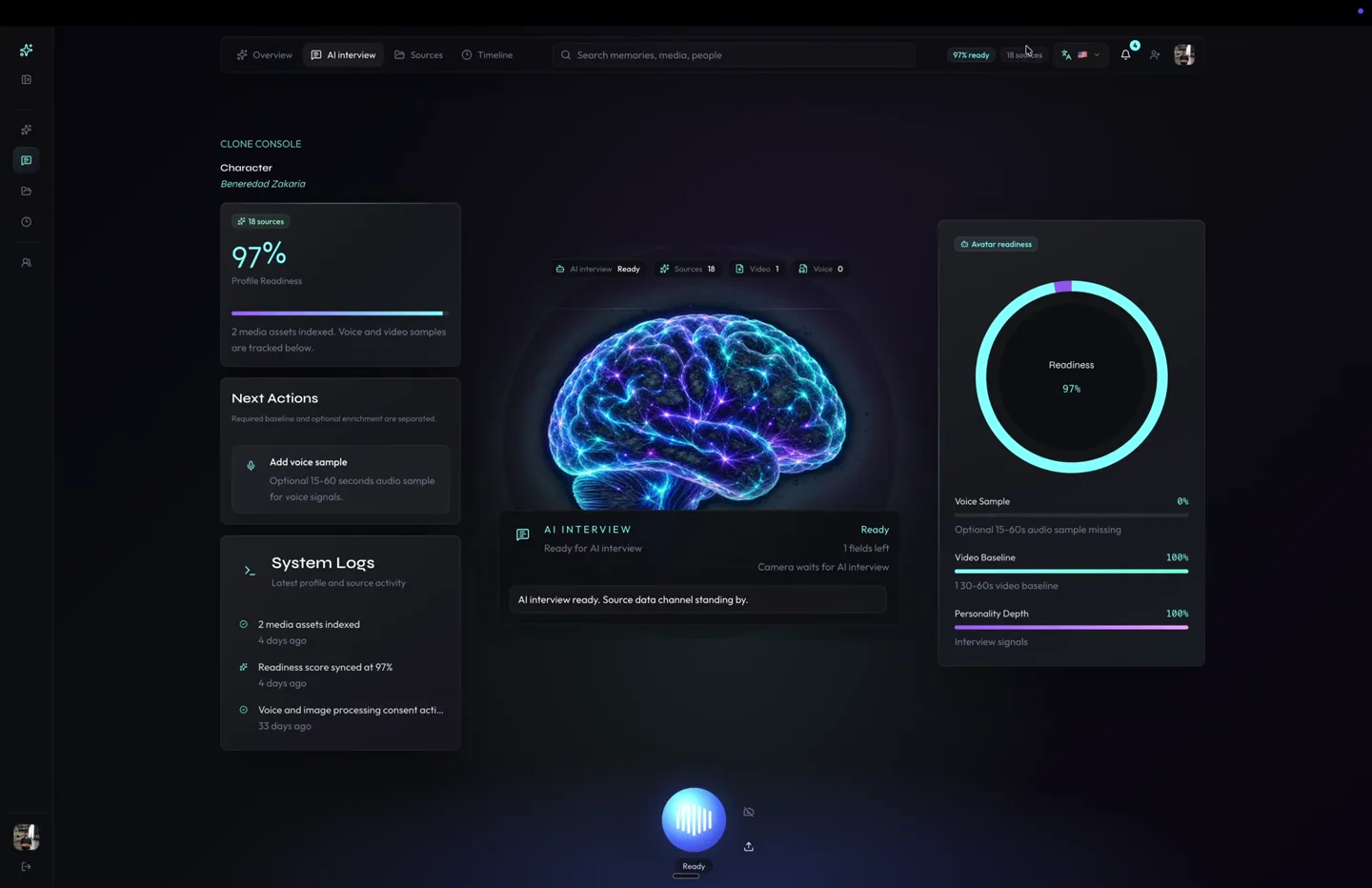 Interface AI Legacy présentant une expérience de souvenirs et de conversations avec un avatar IA
