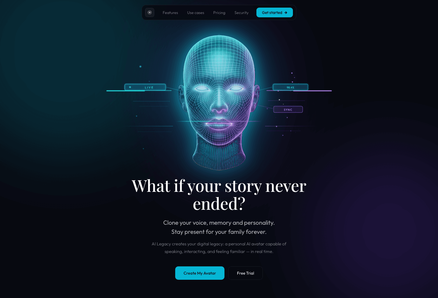 AI Legacy interface with digital avatar, AI memory and protected dashboard.