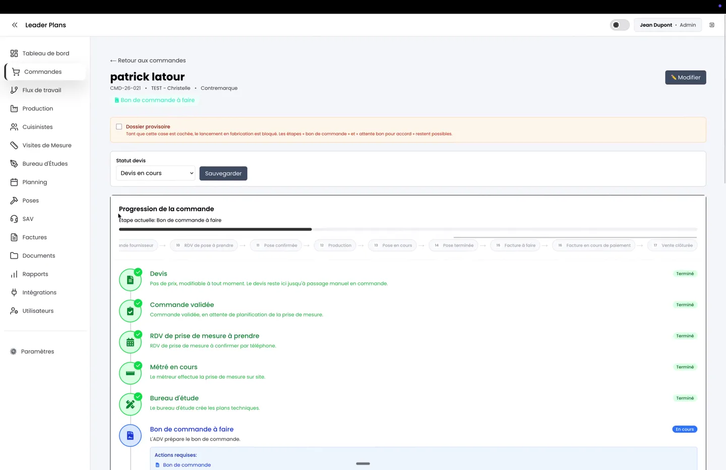 Interface LeaderPlans de suivi des opérations et des dossiers